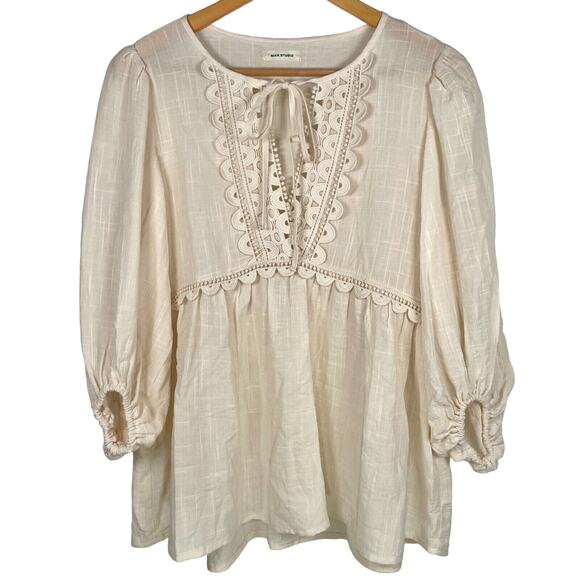 Max Studio Tops - Max Studio Peasant Boho Blouse Top 3/4 Sleeve Neck Tie Antique White Cottagecore